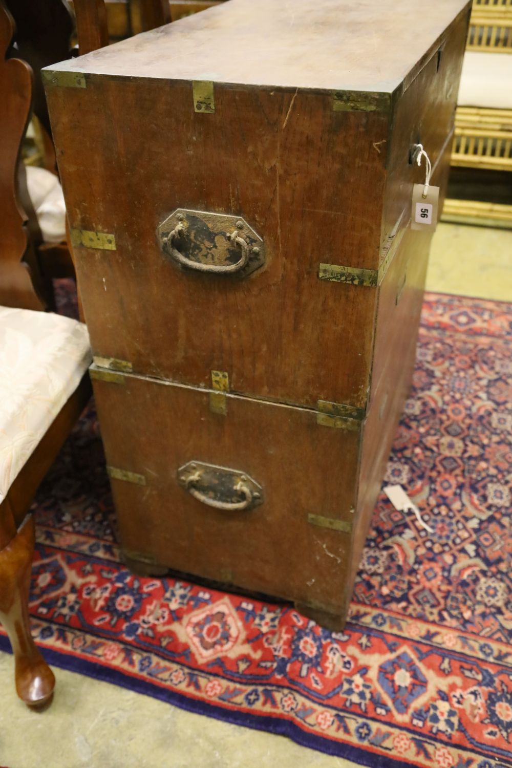 A small Victorian teak secretaire campaign chest, width 74cm, depth 40cm, height 86cm